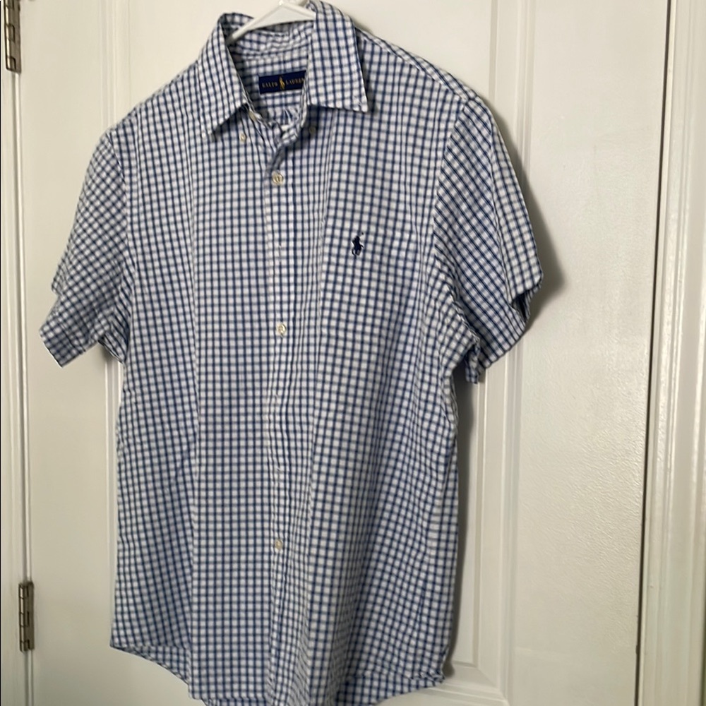 Polo by Ralph Lauren Blue and White Short Sleeve Casual Button Down Shirt